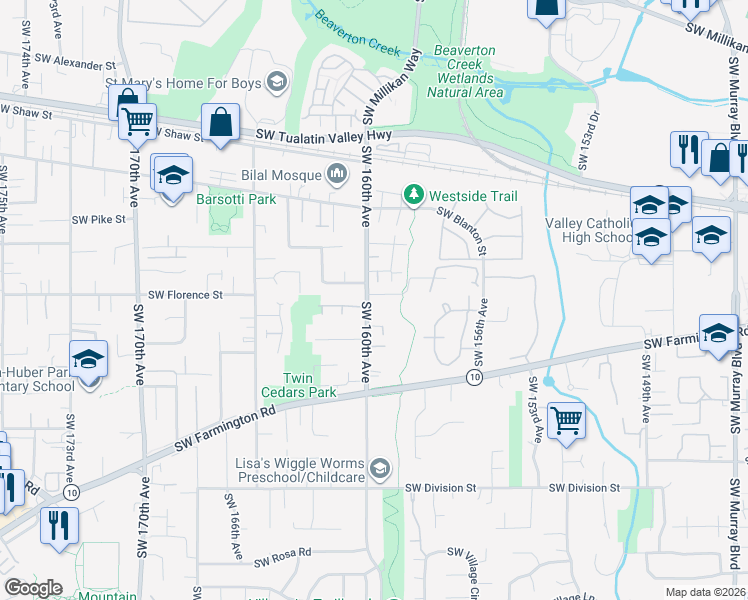 map of restaurants, bars, coffee shops, grocery stores, and more near 15900 Southwest Marlee Lane in Beaverton