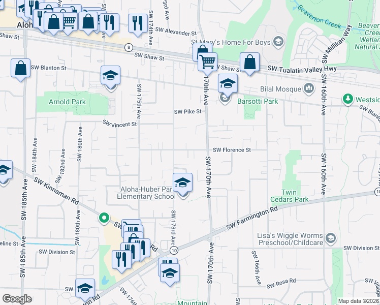 map of restaurants, bars, coffee shops, grocery stores, and more near 4590 Southwest Savannah Place in Beaverton