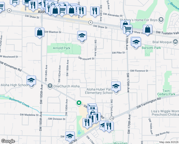 map of restaurants, bars, coffee shops, grocery stores, and more near 4611 Southwest 175th Avenue in Beaverton
