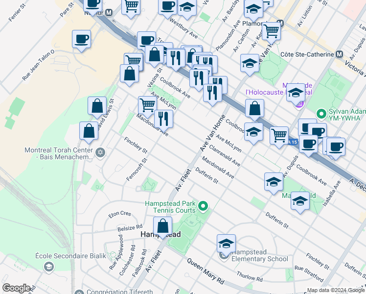 map of restaurants, bars, coffee shops, grocery stores, and more near 6296 Avenue Macdonald in Hampstead