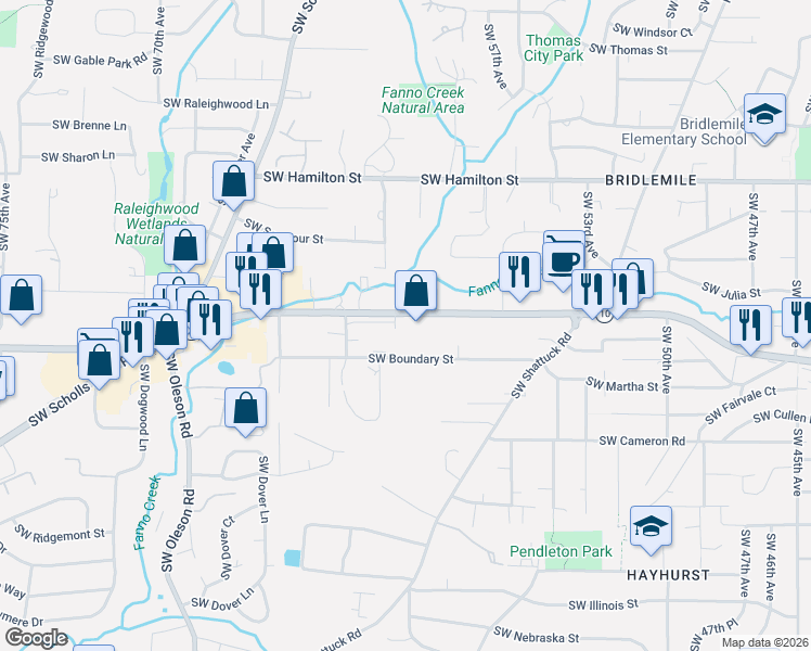 map of restaurants, bars, coffee shops, grocery stores, and more near 6000 Southwest Beaverton Hillsdale Highway in Portland