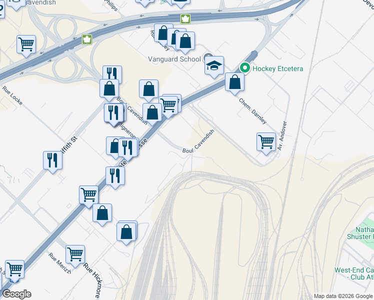 map of restaurants, bars, coffee shops, grocery stores, and more near 5775 Cavendish Blvd in Montreal
