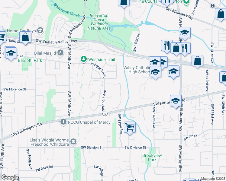 map of restaurants, bars, coffee shops, grocery stores, and more near 4450 Southwest Mueller Drive in Beaverton