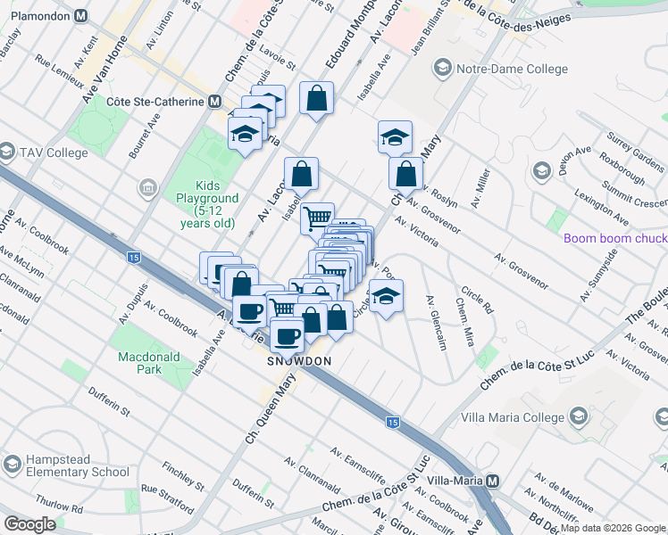 map of restaurants, bars, coffee shops, grocery stores, and more near 4942 Avenue Dornal in Montréal