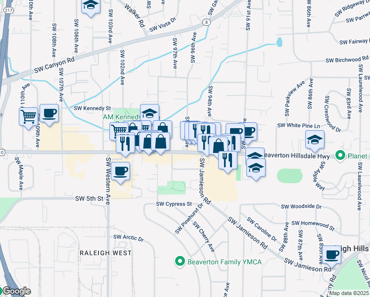 map of restaurants, bars, coffee shops, grocery stores, and more near 4535 Southwest 96th Avenue in Beaverton