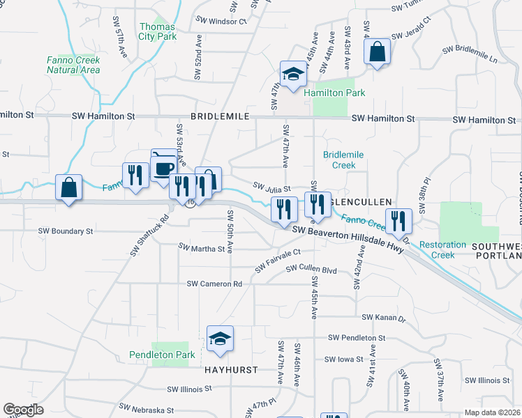 map of restaurants, bars, coffee shops, grocery stores, and more near 4802 Southwest Julia Street in Portland