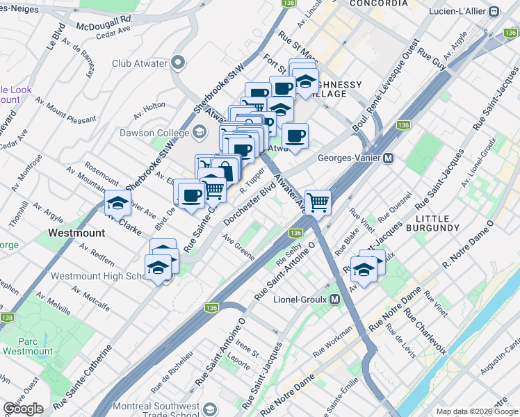 map of restaurants, bars, coffee shops, grocery stores, and more near 141 Avenue Clandeboye in Westmount