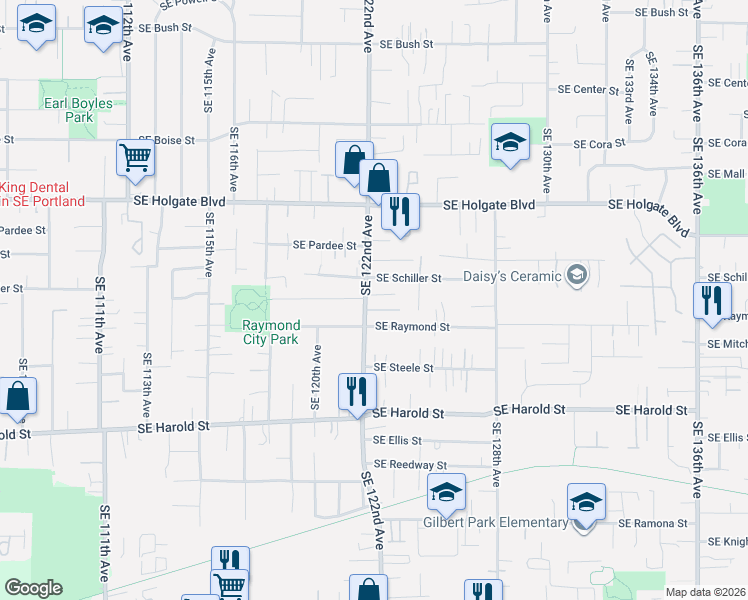 map of restaurants, bars, coffee shops, grocery stores, and more near 4788 Southeast 121st Place in Portland