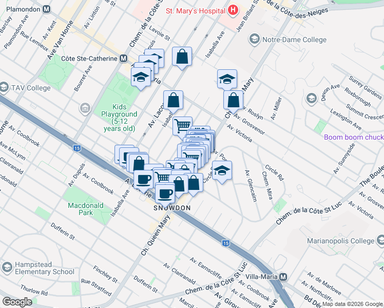 map of restaurants, bars, coffee shops, grocery stores, and more near 4942 Avenue Dornal in Montréal