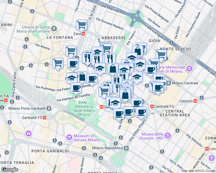 map of restaurants, bars, coffee shops, grocery stores, and more near Piazza Città di Lombardia in Milano