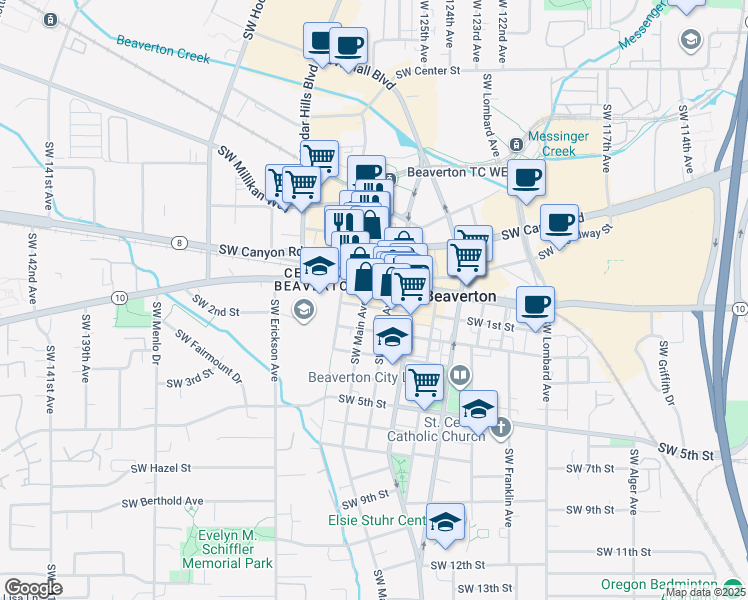 map of restaurants, bars, coffee shops, grocery stores, and more near 4545 Southwest Angel Avenue in Beaverton