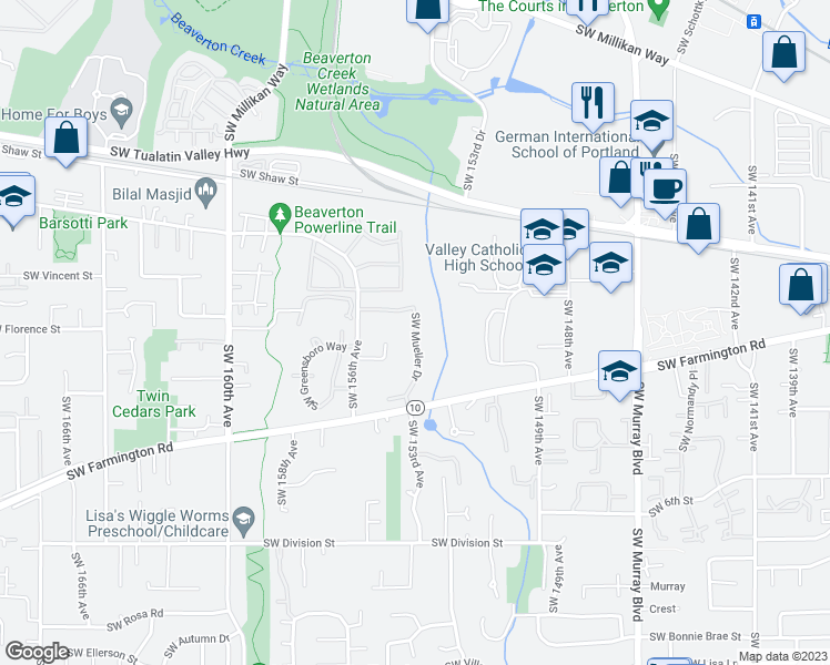 map of restaurants, bars, coffee shops, grocery stores, and more near 4675 Southwest Mueller Drive in Beaverton