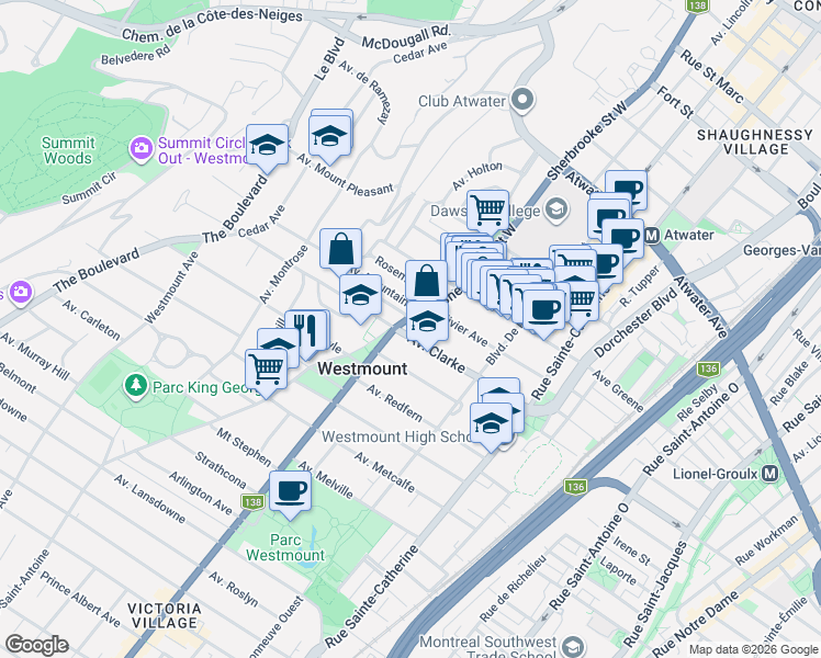 map of restaurants, bars, coffee shops, grocery stores, and more near 399 Avenue Clarke in Westmount