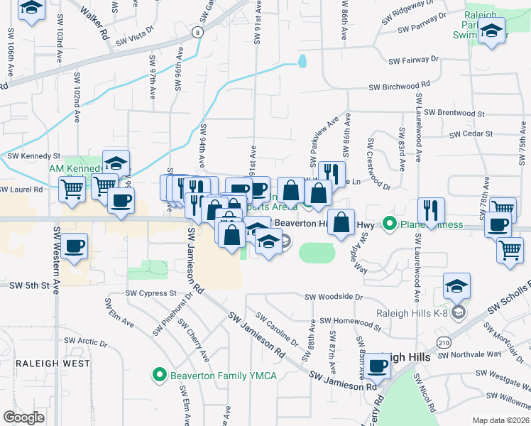 map of restaurants, bars, coffee shops, grocery stores, and more near 4480 Southwest 91st Avenue in Portland