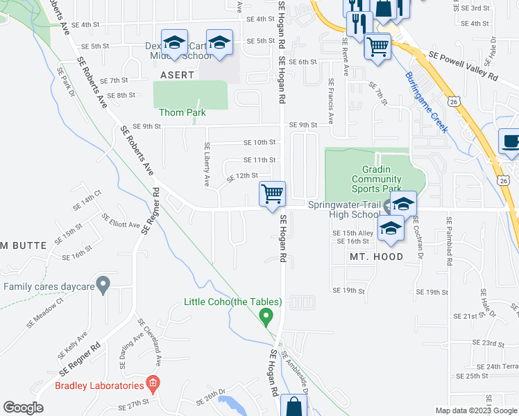 map of restaurants, bars, coffee shops, grocery stores, and more near 1625 Southeast Roberts Drive in Gresham