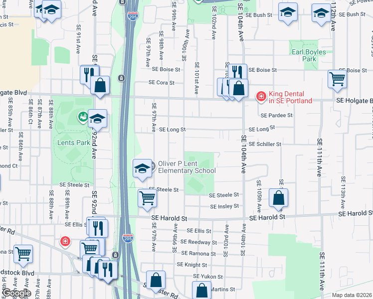 map of restaurants, bars, coffee shops, grocery stores, and more near 10012 Southeast Schiller Street in Portland