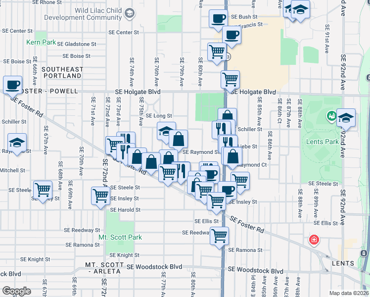 map of restaurants, bars, coffee shops, grocery stores, and more near 7733 Southeast Raymond Street in Portland