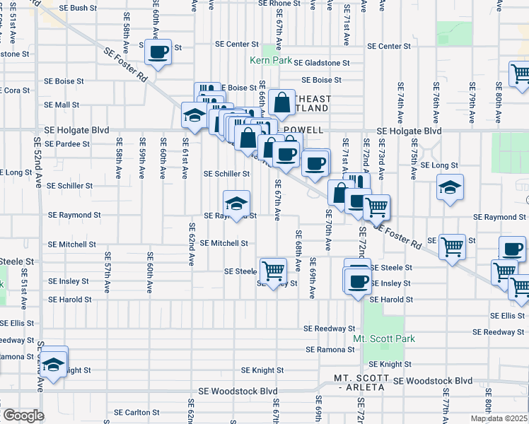 map of restaurants, bars, coffee shops, grocery stores, and more near 4861 Southeast 66th Avenue in Portland