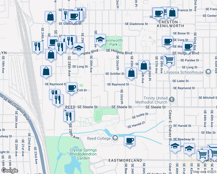 map of restaurants, bars, coffee shops, grocery stores, and more near 4905 Southeast 32nd Avenue in Portland
