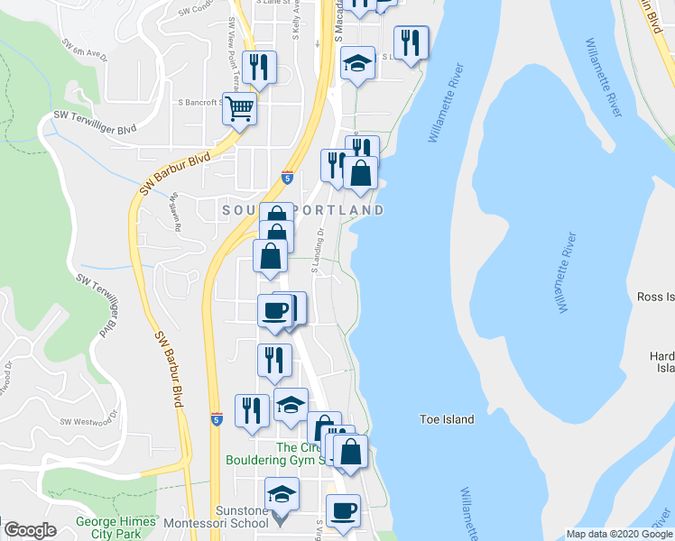 map of restaurants, bars, coffee shops, grocery stores, and more near 4990 South Landing Drive in Portland