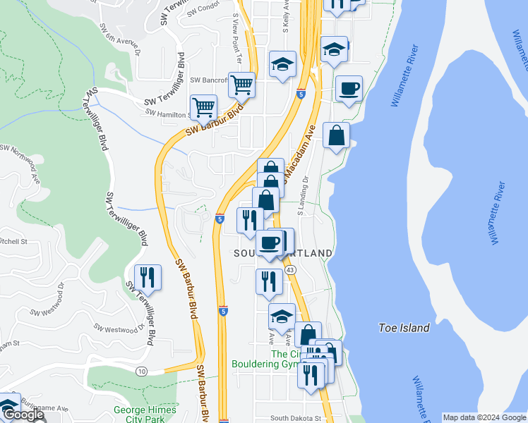 map of restaurants, bars, coffee shops, grocery stores, and more near 4949 South Macadam Avenue in Portland