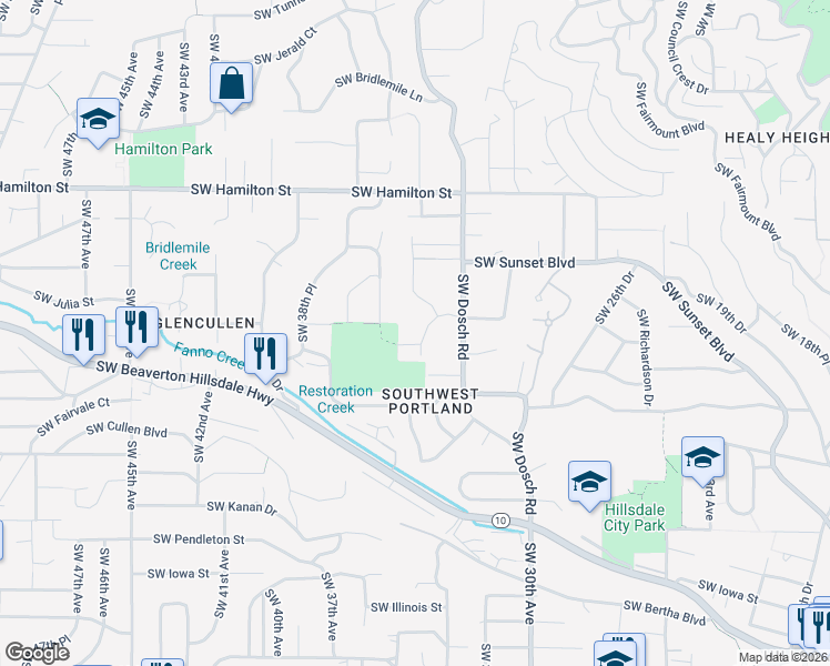 map of restaurants, bars, coffee shops, grocery stores, and more near 4829 Southwest Stonebrook Court in Portland