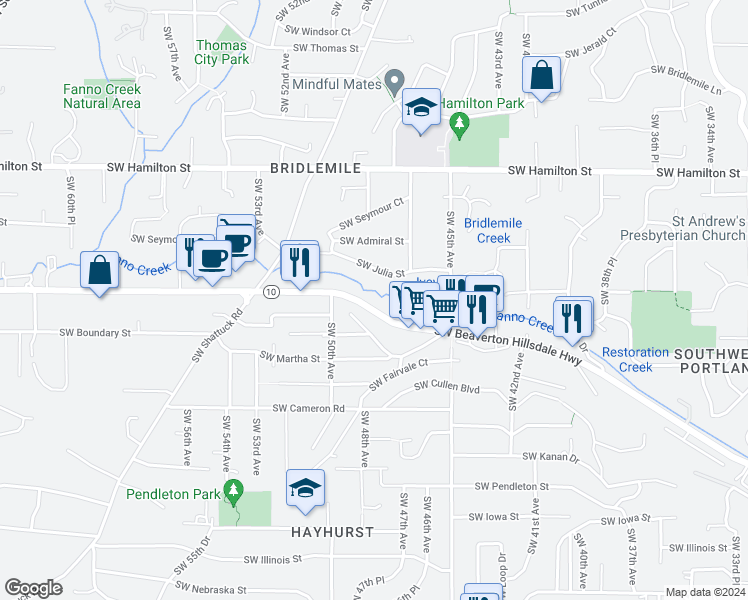 map of restaurants, bars, coffee shops, grocery stores, and more near 4802 Southwest Julia Street in Portland