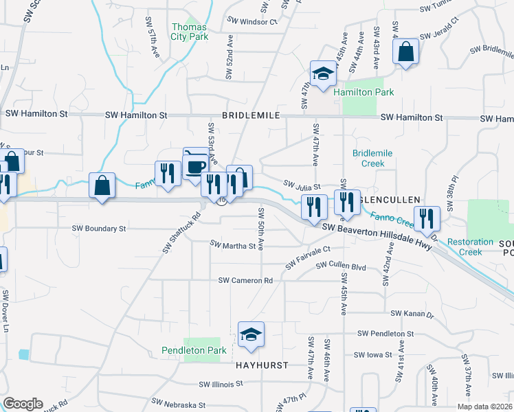 map of restaurants, bars, coffee shops, grocery stores, and more near 5001 Southwest Beaverton Hillsdale Highway in Portland