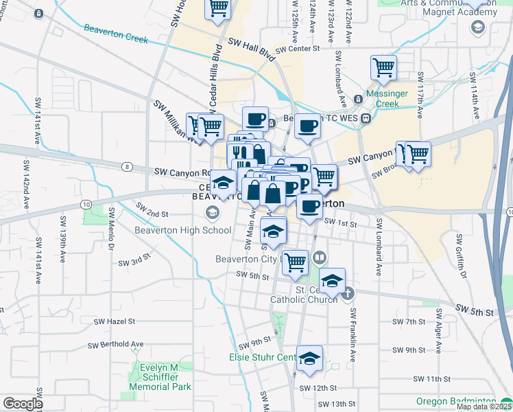 map of restaurants, bars, coffee shops, grocery stores, and more near 4545 Southwest Angel Avenue in Beaverton