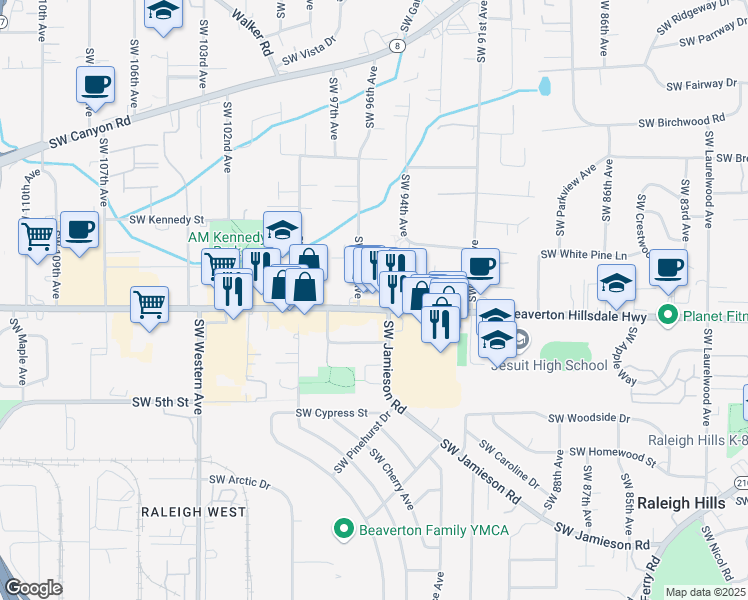 map of restaurants, bars, coffee shops, grocery stores, and more near 4560 Southwest 96th Avenue in Beaverton