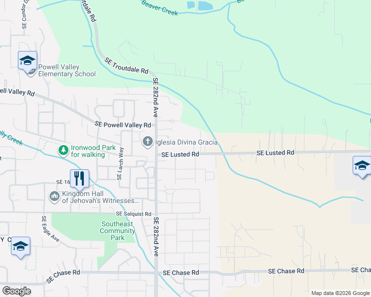 map of restaurants, bars, coffee shops, grocery stores, and more near 28445 Southeast Lusted Road in Gresham