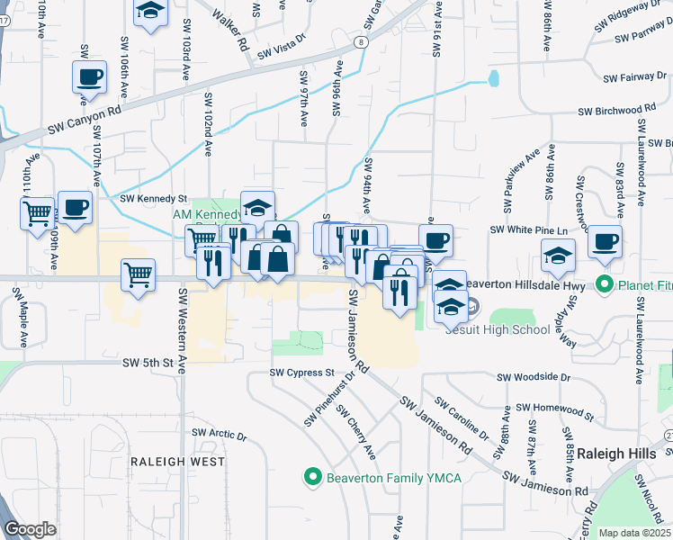 map of restaurants, bars, coffee shops, grocery stores, and more near 9555 Southwest Beaverton Hillsdale Highway in Beaverton