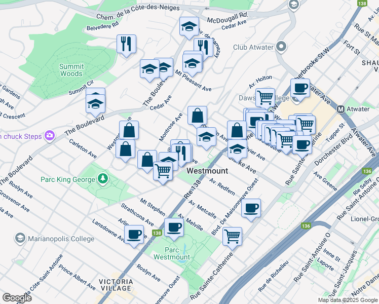 map of restaurants, bars, coffee shops, grocery stores, and more near 455 Avenue Argyle in Westmount