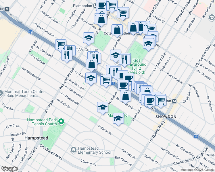 map of restaurants, bars, coffee shops, grocery stores, and more near 5315 Place Belfield in Montréal