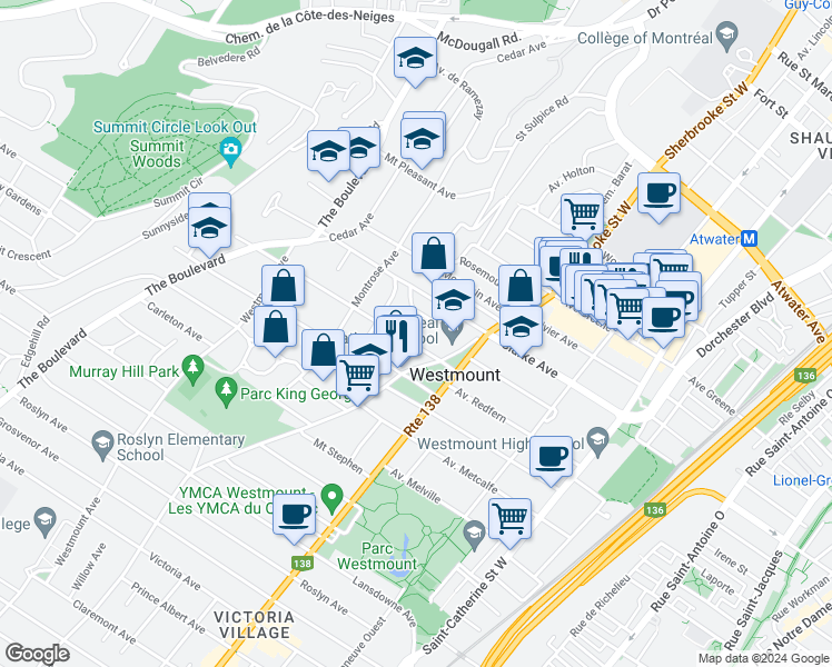 map of restaurants, bars, coffee shops, grocery stores, and more near 459 Avenue Argyle in Westmount