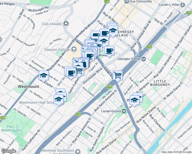 map of restaurants, bars, coffee shops, grocery stores, and more near 141 Avenue Clandeboye in Westmount