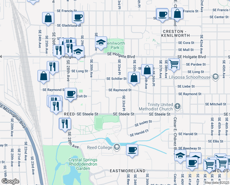map of restaurants, bars, coffee shops, grocery stores, and more near 4912 Southeast 33rd Avenue in Portland