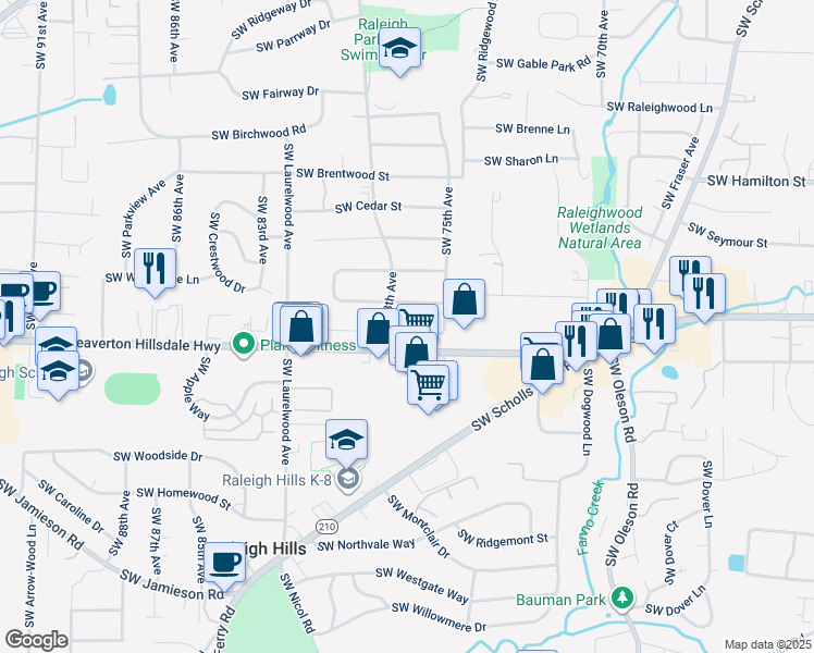 map of restaurants, bars, coffee shops, grocery stores, and more near 7725 Southwest Maple Drive in Portland