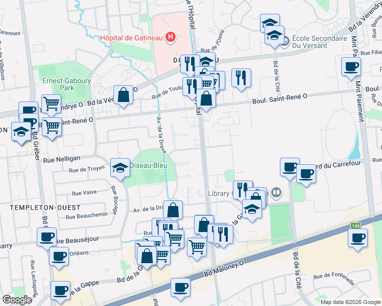map of restaurants, bars, coffee shops, grocery stores, and more near 32 Rue de la Futaie in Gatineau