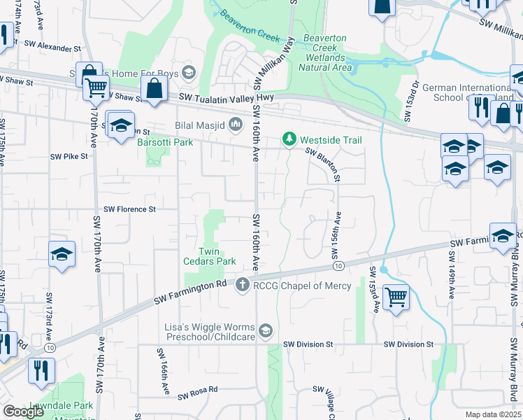 map of restaurants, bars, coffee shops, grocery stores, and more near 4566 Southwest 160th Avenue in Aloha