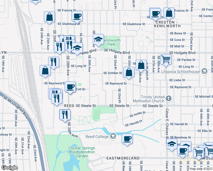 map of restaurants, bars, coffee shops, grocery stores, and more near 4905 Southeast 32nd Avenue in Portland