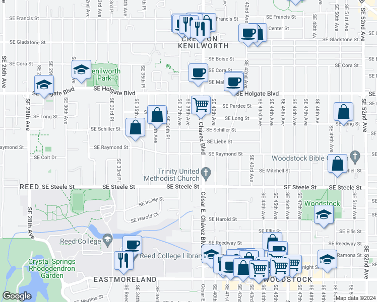 map of restaurants, bars, coffee shops, grocery stores, and more near 3735 Southeast Raymond Street in Portland