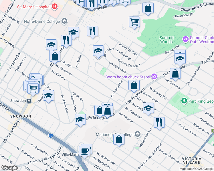 map of restaurants, bars, coffee shops, grocery stores, and more near 4667 Avenue Roslyn in Westmount