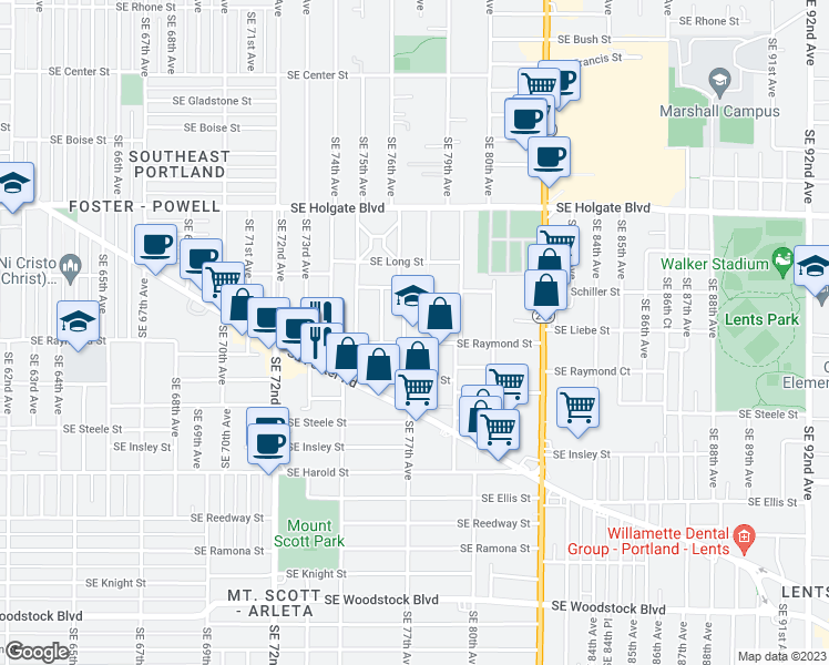 map of restaurants, bars, coffee shops, grocery stores, and more near 7733 Southeast Raymond Street in Portland