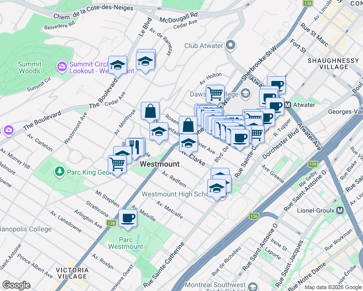 map of restaurants, bars, coffee shops, grocery stores, and more near 399 Avenue Clarke in Westmount