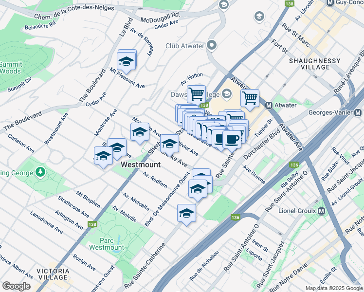 map of restaurants, bars, coffee shops, grocery stores, and more near 374 Olivier Avenue in Westmount