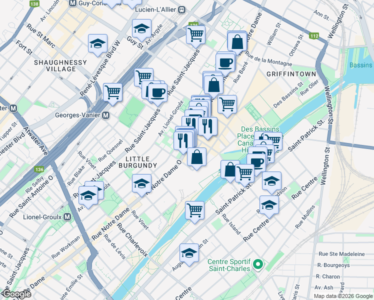 map of restaurants, bars, coffee shops, grocery stores, and more near 1950 Rue Notre Dame Ouest in Montréal
