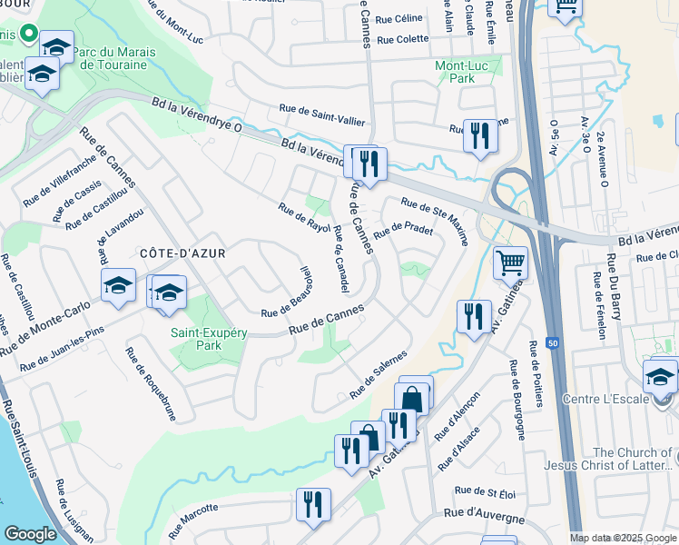 map of restaurants, bars, coffee shops, grocery stores, and more near 120 Rue de Canadel in Gatineau