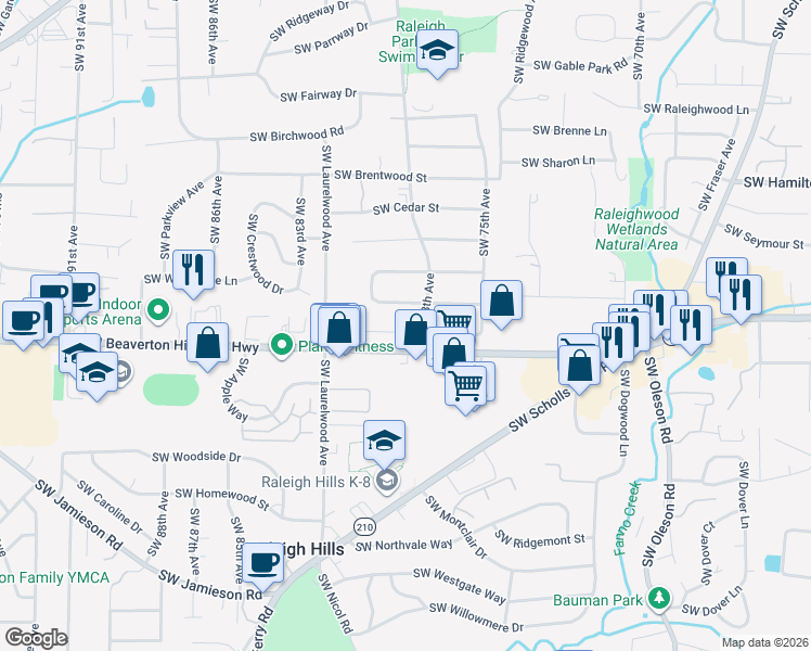 map of restaurants, bars, coffee shops, grocery stores, and more near 7865 Southwest Maple Drive in Portland