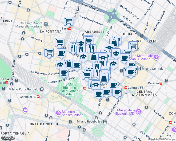 map of restaurants, bars, coffee shops, grocery stores, and more near Piazza Città di Lombardia in Milano